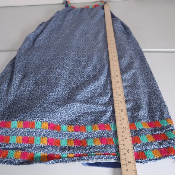 THML Blue White Geometric Print Sleeveless Dress XS Embroidered Trim Lined Boho - Picture 5 of 12